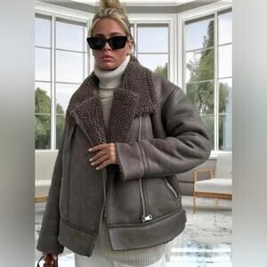 Zara Bloggers Fav Double Face Sherpa Moto Jacket Faux Leather Shearling Aviator